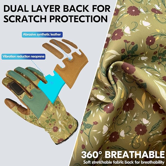 Vgo... 1Pair Gardening Gloves for Women, Goatskin leather Thorn Proof Working Gloves for Weeding, Digging, Raking, Pruning and Planting,Touchscreen (M,Light Green,GA7471)
