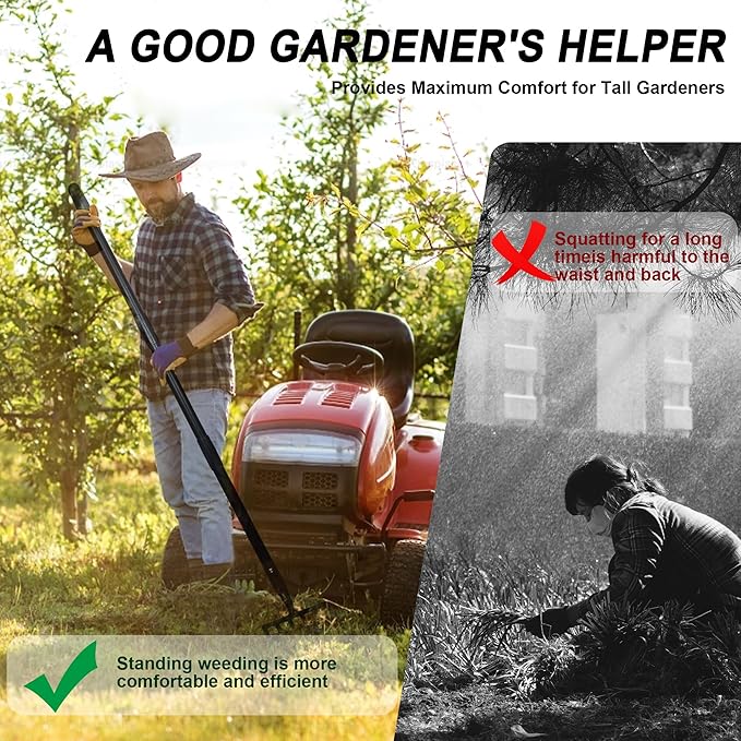 8-Tines Rake and Stirrup Hoe - Adjustable Long Handle Scuffle Loop Hula Action Hoe for Weeding, Digging, Loosening Soil, Stainless Steel Tiller Cultivator for Gardening, Raised Flower Beds Planting.