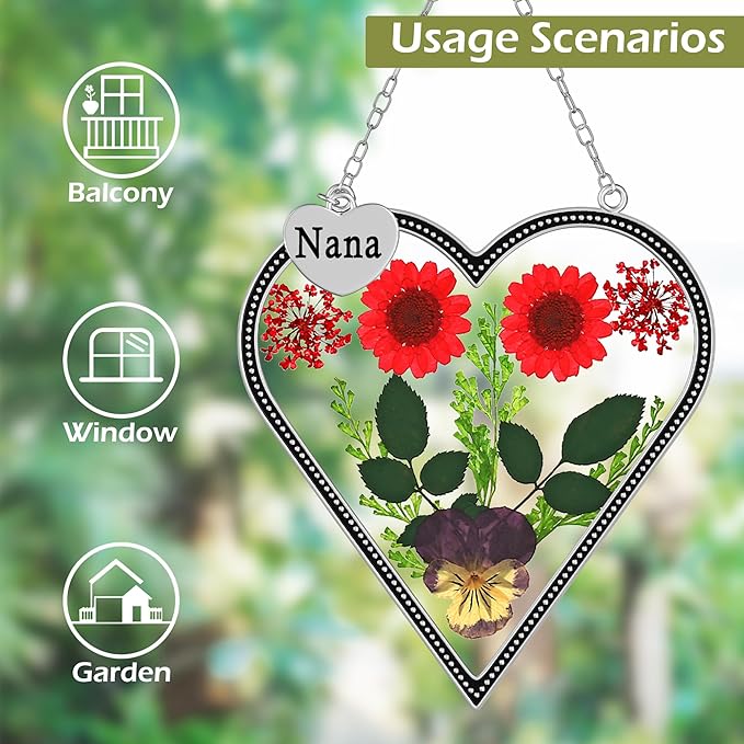 KY&BOSAM Heart Suncatcher Nana Gift for Nana Stain Glass Wind Chime for Window Pressed Flower Between Heart Glass Metal Engraved Charm Gift for Mother's Day Valentine's Birthday Thanksgiving Christmas