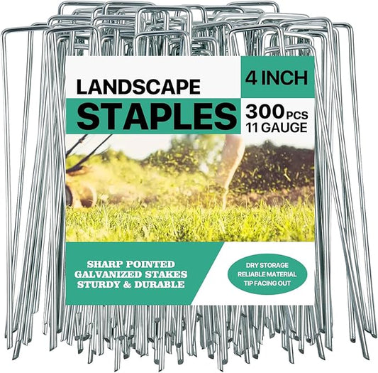 4 Inches Landscape Staples,Galvanized Garden Stakes Yard Stakes Garden Staples Prefect for Weed Barrier Fabric,11 Gauge Landscape pins for Tent,Balloons, Irrigation Tube. (300package, 4 inch)
