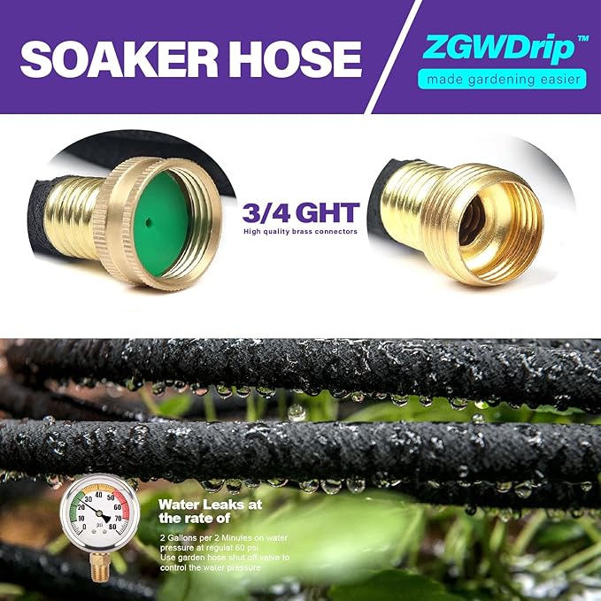 Soaker Hose 50 FT,1/2 Inch Soaker Garden Hose with 3/4" Solid Brass Connectors Save 80% Water Drip Irrigation Kit for Lawn/Yard Landscaping beds