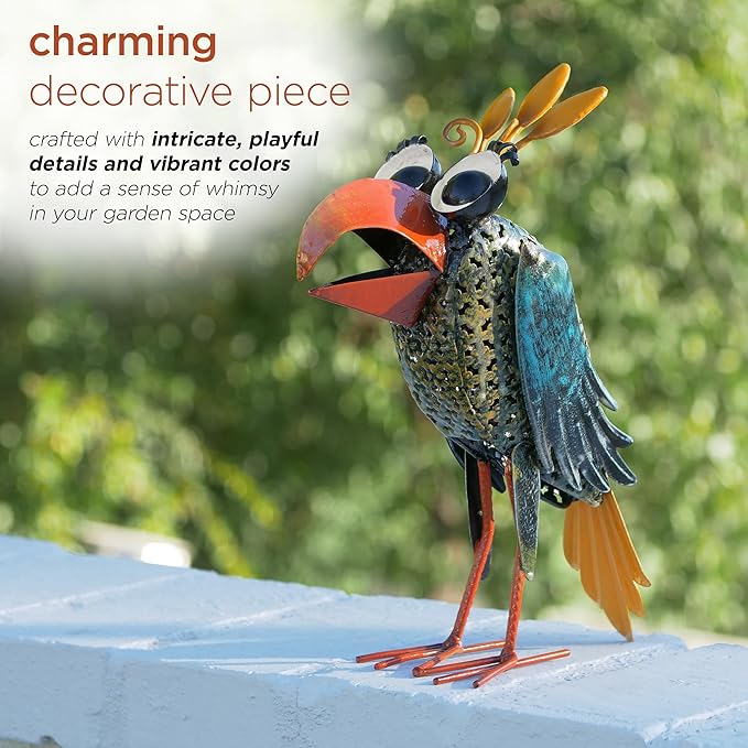 Alpine Corporation 12" Tall Outdoor Metal Wide-Eyed Bird Standing Yard Statue Decoration, Multicolor