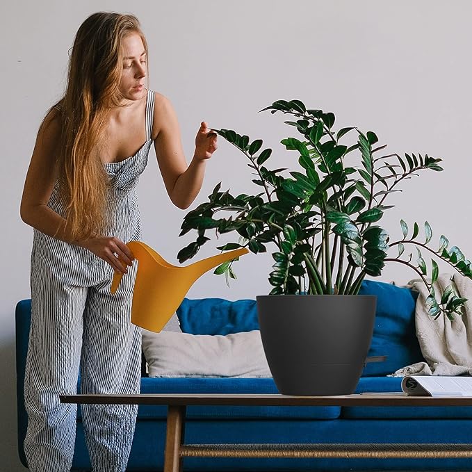 WOUSIWER 10 inch Self Watering Planters, 2 Pack Large Plastic Plant Pots with Deep Reservior and High Drainage Holes for Indoor Outdoor Plants and Flowers, Black