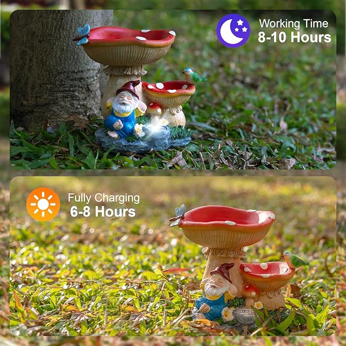 Solar Garden Statue Gnomes Figurine Lights, Bird Water Feeder and Gnomes who are Lazy Under Mushrooms, Outdoor Yard Decorations for Patio Porch Home, Garden Gifts for Women Mom