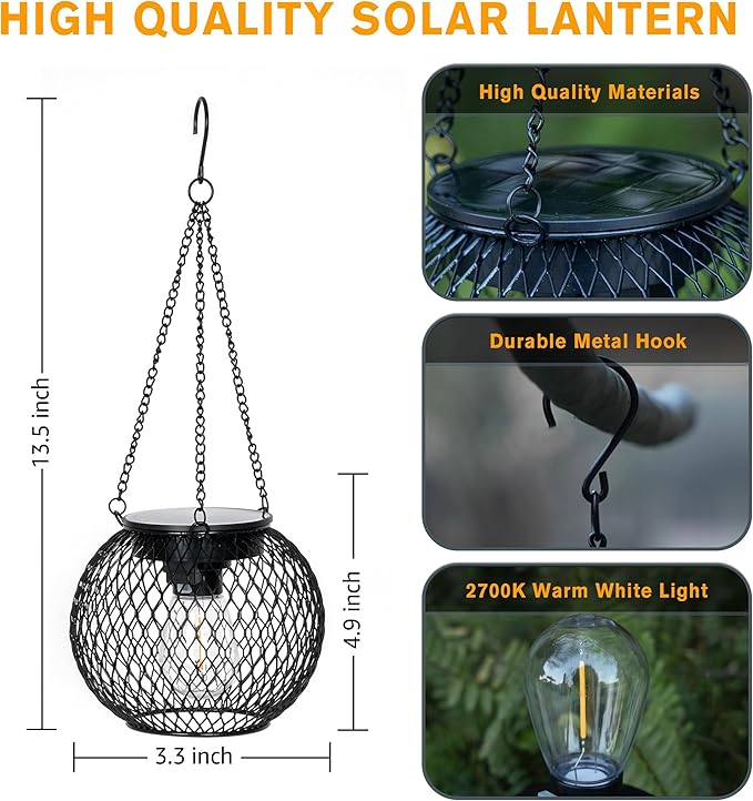 Solar Lanterns Outdoor, 2 Pack Brighter Metal Solar Hanging Lanterns, IP65 Waterproof Solar Lights Outdoor, Gardening Gifts & Decor for Garden Yard Patio Pathway