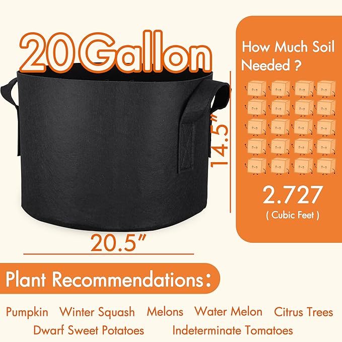 Gardzen 6-Pack 20 Gallon Grow Bags, Aeration Fabric Pots with Handles, Heavy Duty Cloth Pots for Plants