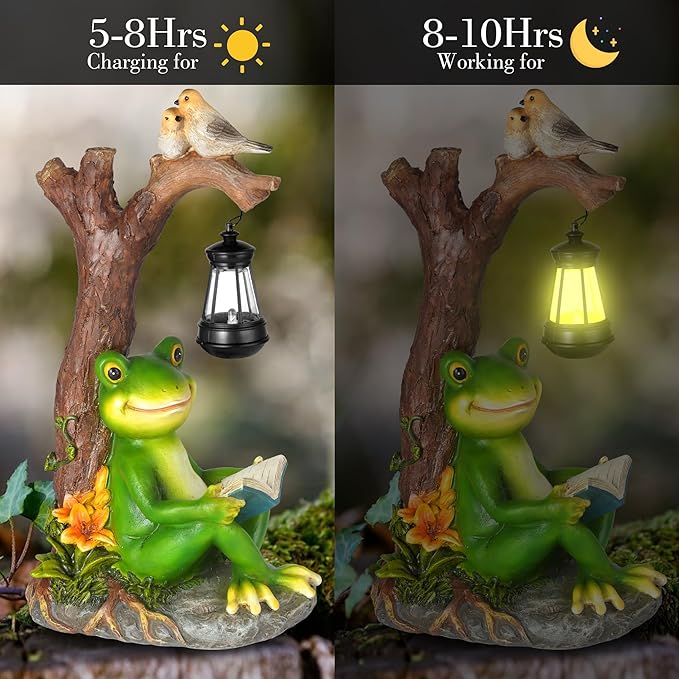 Outdoor Funny Frog Statue, Resin Reading Frogs Garden Decor, Solar Frog Gift Sculpture Decoration for Home Patio, Yard, Lawn, Porch, Ornament