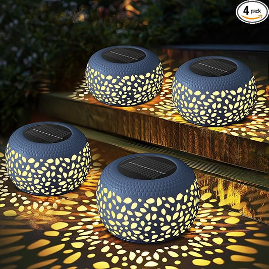 Solar Lantern Garden Patio Decor: 4 Pack White Solar Lanterns Outdoor Waterproof, Solar Lights Outdoor for Table Balcony Deck Pathway Porch Yard Decorations, Outside Hollow Out Metal LED Solar Lantern