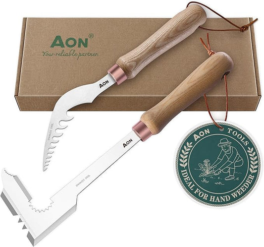 AON 2Pack Hand Crack Weeder Puller Tool Set - Made with Heat Treated Steel and Ash Wood Ergonomic Handles, Weeding Tools Ideal for Gardens and Patio Lawns to Effectively Pull Out Weeds & Their Roots.