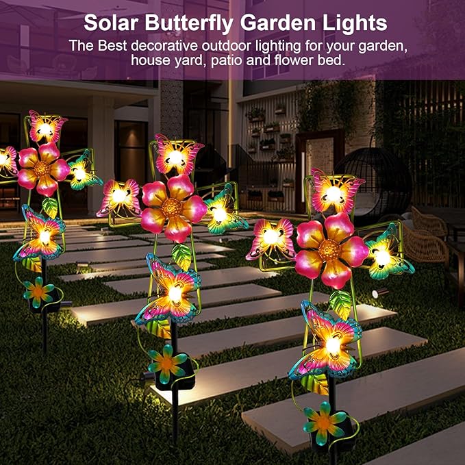 Solar Cross Garden Lights, Solar Butterfly Stake Lights Cemetery Decorations for Grave, Jesus Cross Sympathy Memorial Gifts for Mother Grandma, Metal Garden Art for Yard Lawn Patio Decor