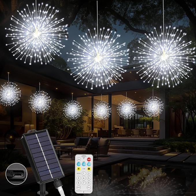 Solar Firework Lights Outdoor, 600 LED Starburst Light Outdoor with USB Rechargerable, 8 Modes Waterproof Solar Hanging Lights for Gazebo Yard Party Wedding Decorations(White, 600 LED)