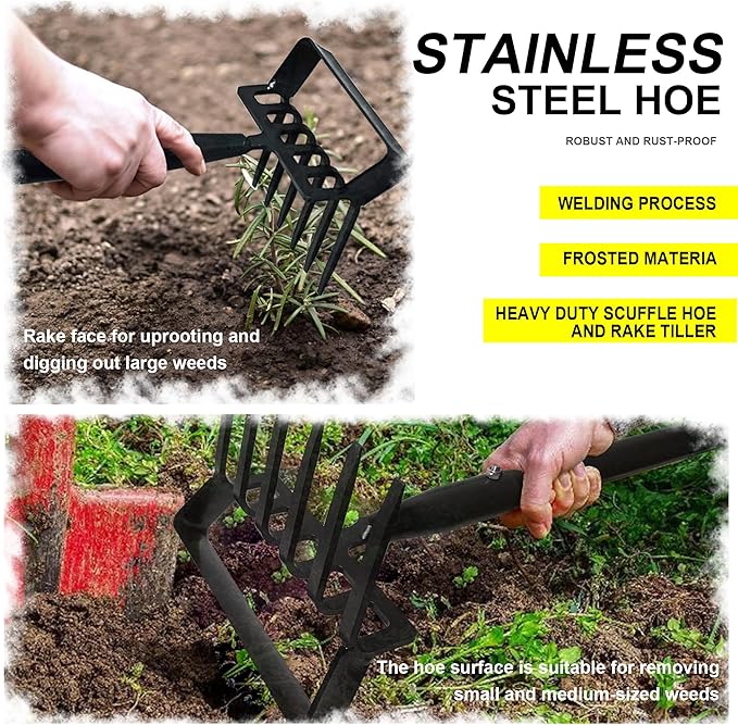 8-Tines Rake and Stirrup Hoe - Adjustable Long Handle Scuffle Loop Hula Action Hoe for Weeding, Digging, Loosening Soil, Stainless Steel Tiller Cultivator for Gardening, Raised Flower Beds Planting.