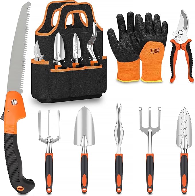 Garden Tool Set, 9 Piece Garden Tools with Non-Slip Rubber Grip with Large Garden Bag, Hand Tools for Gardening, Gardening Tools for Women Men (Orange)