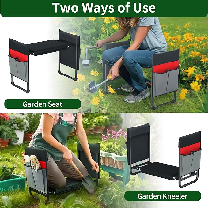 Folding Garden Stool and Kneeler 2-in-1 Garden Kneeler and Seat Heavy Duty Garden Bench for Kneeling and Sitting 2 Tool Pouch for Fishing Camping Great Gardening Gifts for Seniors(Red)