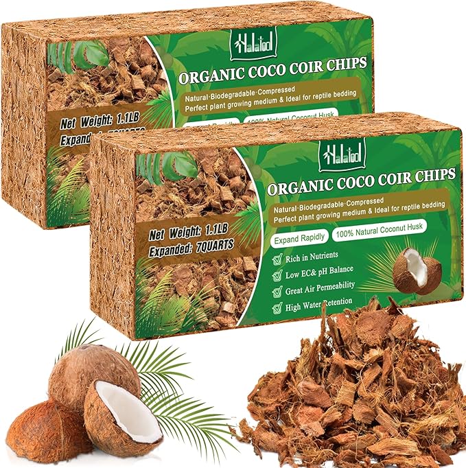 Halatool 2 Pcs Coconut Coir Chips for Plants - 2.2 LB 100% Organic Coco Husk Chip Bricks with Low EC and pH Balanced, Compressed Coco Substrate Growing Mulch Medium for Garden Herbs, Plants, Flowers