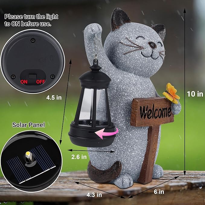 Juegoal Garden Statue Solar Cat Figurine with Lantern, 10" Resin Kitten Outdoor Lawn Porch Yard Art, Lighted Christmas Birthday Gifts for Mom Grandma
