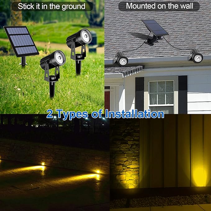 T-SUN Solar Spotlights 2W Outdoor LED Landscape Spot Light, 2-in-1 Waterproof Solar Powered Wall Lights Auto ON/Off with Dual Headlamp for Garden, Yard, Pathway(Warm White)