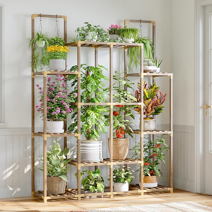 EnHomee Tiered Plant Stand Indoor Outdoor Wood Plant Shelf with 10 Potted & Double Rod Large Plants Holder Load-Bearing 440 LBS Plants Shelves Table 44.8''W*11.6''D*47''H