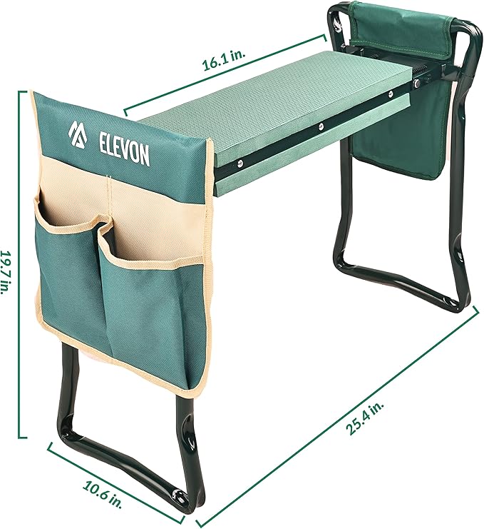 Elevon Portable Garden Kneeler and Seat Heavy Duty Garden Bench with 2 Large Tool Pouches Prevent Knee & Back Pain Folding Sturdy Gardening Tools Gifts for Gardeners