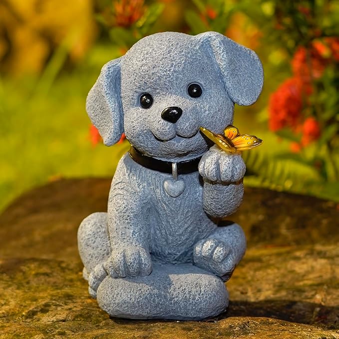 Solar Dog Statue Garden Decor with Butterfly Light – Waterproof Outdoor Yard Art for Patio, Lawn, Balcony for Mother’s Day, Father’s Day, Housewarming, Mom, Dad, Grandma, Men, Women