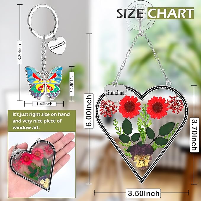 KY&BOSAM Heart Suncatcher Grandma Gifts Glass Butterfly Suncatchers for Window Pressed Flower Between Heart in Glass Metal Engraved Charm Gift for Women Mother's Day Valentine's Birthday Christmas