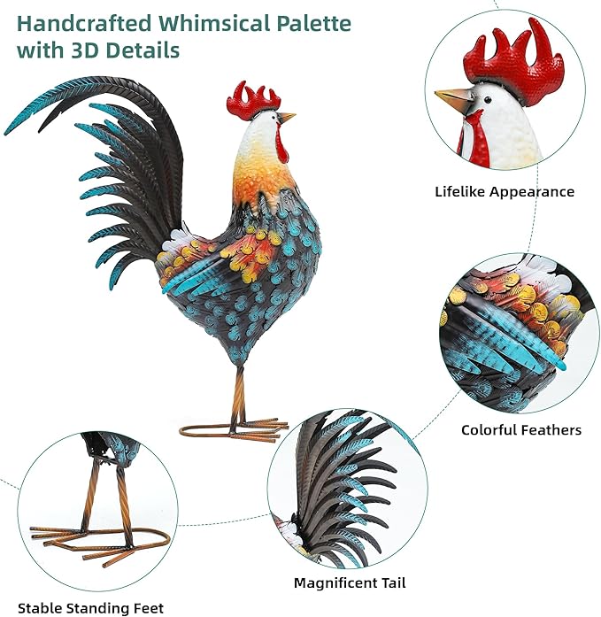 32" Large Metal Rooster Decor, Outdoor Garden Statues, Metal Chicken Sculpture for Backyard Patio Kitchen Decor