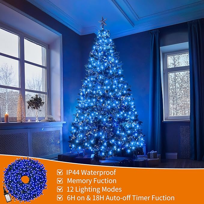 Christmas Light 1000 LEDs 336ft Green Cable Wire Fairy String Tree Twinkle Lights Plug in 12 Modes for Christmas Party, Outdoor, Garden, Wedding, Home Decoration (Blue)