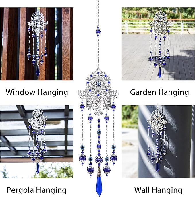 Crystal Prism Suncatcher Ornament with Hamsa Fatima Hand Protection Charm Turkish Greek Blue Evil Eye Sapphire Crystals Beads for Window Hanging Decoration