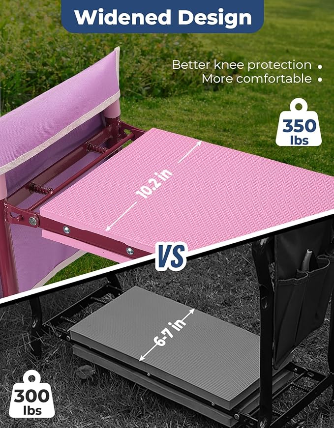 DEERFAMY Garden Stool 10.2" Width, Garden Kneeler and Seat Load Cap 350 lbs, Gardening Gift Heavy Duty with Extra Kneeling Pad, 2 Tool Pouches, Claw Gloves, Pink
