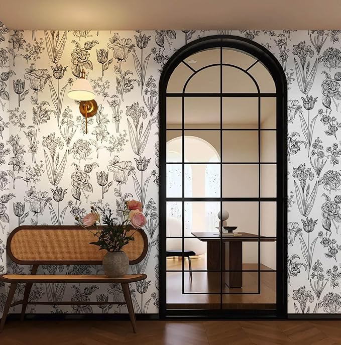 Dimoon 78.7"x17.3" Floral Peel and Stick Wallpaper White Contact Paper Waterproof Black Lines Wallpaper Vintage Flower Thicken Plant Self Adhesive Removable Wall Covering Shelf Liner Decal Vinyl Roll