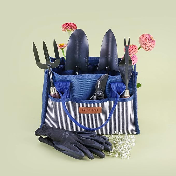Outdoor Garden Tool Set, Stainless Steel Gardening Set - Garden Tool Organizer Bag, Garden Trowel, Cultivator, Transplanter, Weeder, Bypass Pruning Shears, and Garden Gloves–7pc Set