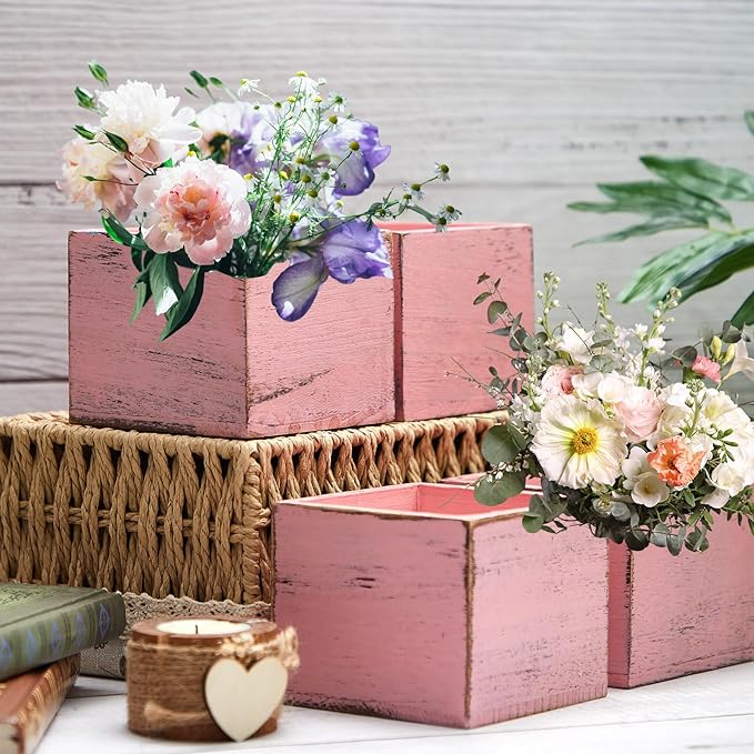 Dandat 4 Set Wood Cube Planter Box Square Wood Vase Rustic Cube Planter Box with Removable Plastic Liner Floral Foam Blocks for Centerpieces Home Wedding Garden Decor, Country Style (Pink)