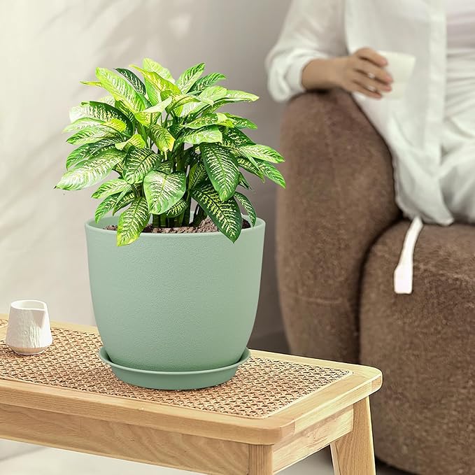 Large Plant Pots 12/10/9 inch, Set of 3 Modern Decorative Plastic Planters with Drainage Holes and Saucers, Flower Pots for Indoor Outdoor Plants, Green