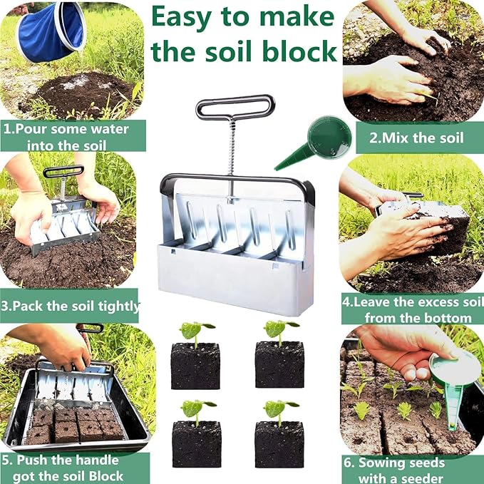 Hand-held Soil Blocker 4pcs 2 Inch Seed Block Makers at a Time, for Seed Start Garden Soil Potting Soil for Outdoor Plants (7.7in*2in)