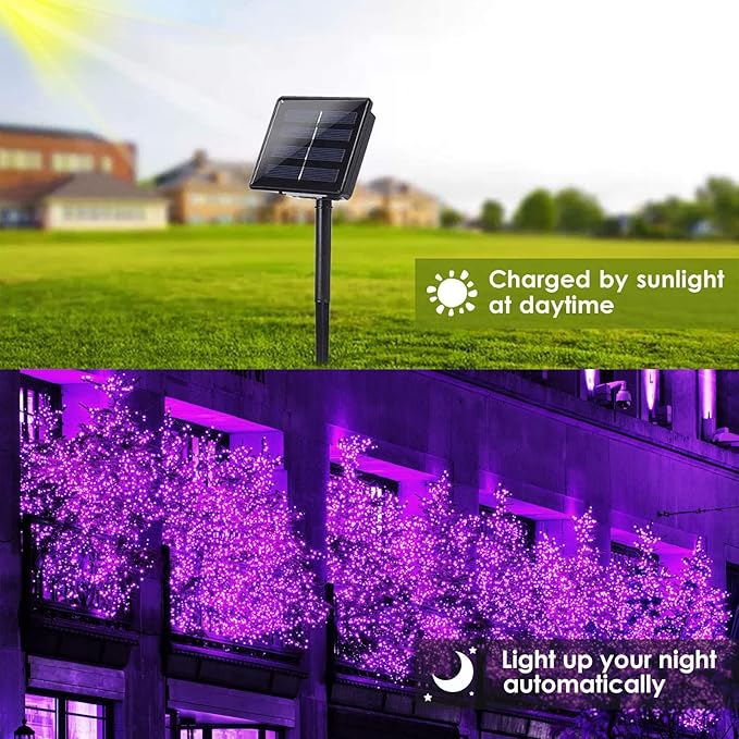 Purple Halloween Solar String Lights Outdoor, 2-Pack 80FT 200LED Solar Twinkle Light Waterproof, Copper Wire 8 Modes Purple Fairy Lights for Garden, Fence, Tree Decor, Halloween Decoration Outdoor