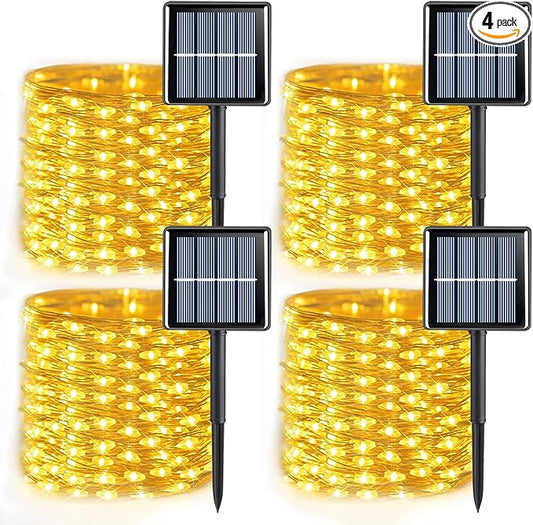 YEGUO Solar Fairy Lights Outdoor Waterproof, 4 Packs Each 33ft 100 LED String Lights Warm White, 8 Modes Silver Wire Twinkle Lights