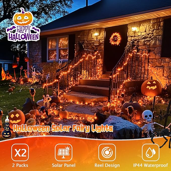 JMEXSUSS 2 Pack Orange Solar Halloween Lights, 66ft 200 LED Solar Fairy Lights Outdoor, Waterproof Solar String Lights for Tree Patio Garden Halloween Thanksgiving Decorations