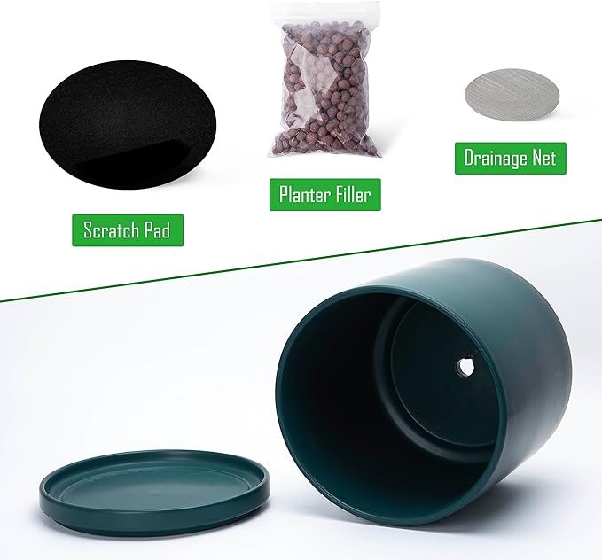 D'vine Dev 10 Inch Ceramic Planter Pot with Drainage Hole and Saucer, Indoor Cylinder Round Planter Pot, Teal, 94-O-E-9