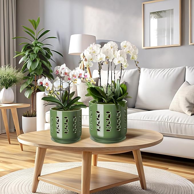 Ceramic Orchid Pots with Holes, 5 Inch+6 Inch Orchid Planter with Drainage Holes and Tray, Indoor Flower Pot for Repotting Orchids, Elegant Patina Glaze