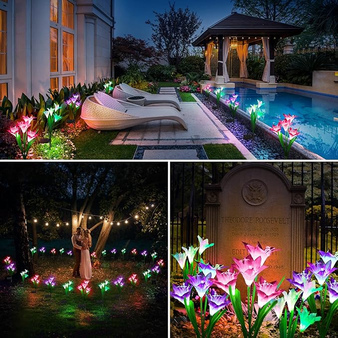 KOOPER Outdoor Solar Lights, 4 Pack Solar Garden Lights with Bigger Lily Flowers, Waterproof 7 Color Changing Solar Lights Outdoor - Bigger Solar Panel for Outdoor Patio Yard Garden Decoration