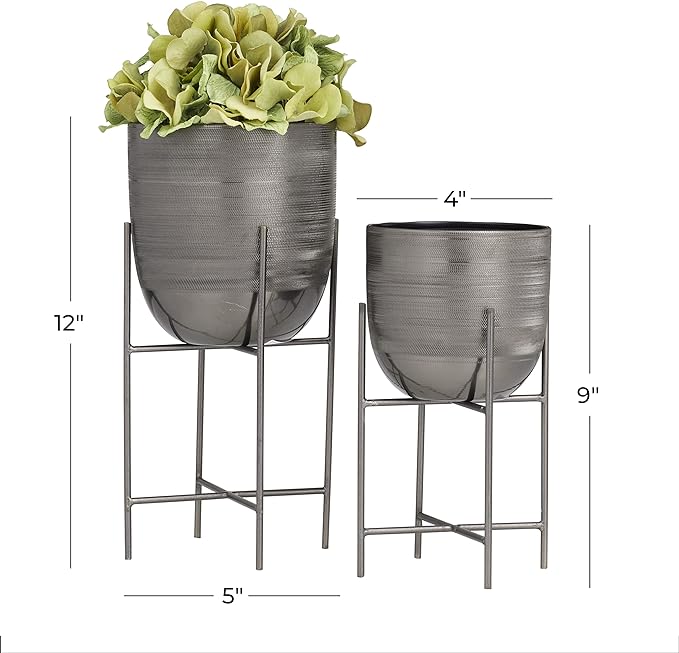 Deco 79 Metal Indoor Outdoor Planter Small Planter Pot with Removable Stand, Set of 2 Planters 12", 9"H, Gray
