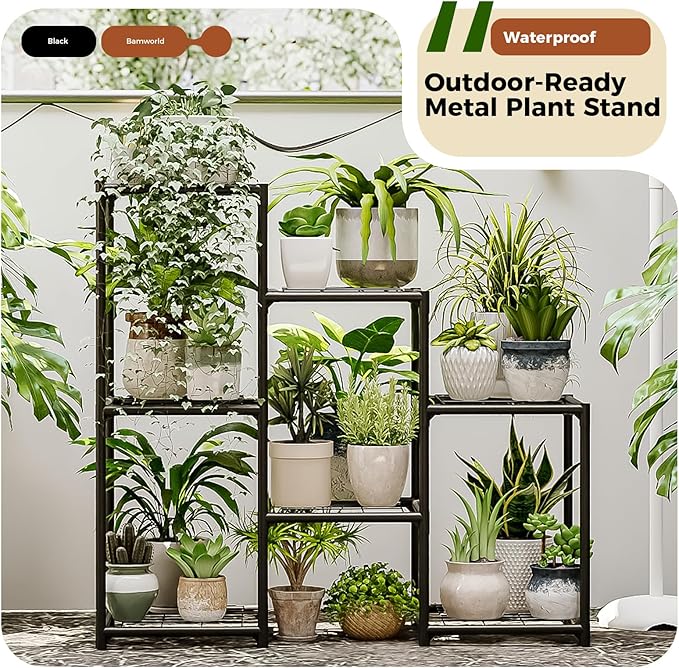 Bamworld Plant Stand Outdoor Metal Plant Shelf for Multiple Plants 3 Tiers Ladder Plant Holder Waterproof for Garden Living Room Patio Morden Home Decor Gardening Gifts