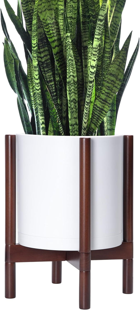 D'vine Dev Planter Pot with Stand - 12 Inch Plastic Cylinder Flower Pot with Wood Planter Holder for Indoor, Matte White Pot + Mahogany Stand, 55-C-O-1