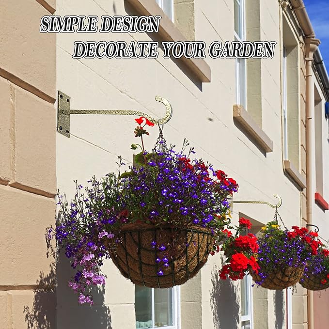 10 inch Heavy Duty Hanging Plant Bracket Decorative Wall Hook 2 Pack (Gold Hammertone)