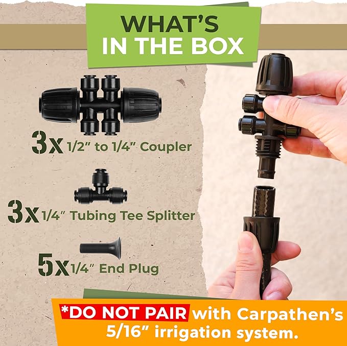 Carpathen Drip Irrigation Fittings Pack - Push-to-Connect Irrigation System Compatible - 3 x 4Way Coupler 1/2" to 1/4", 3 x 3 Way Tee T Shape Barbed 1/4 Drip Tubing Splitter, 5 x 1/4 End Plugs