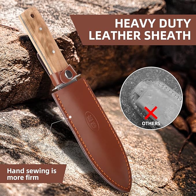 Hori Hori Garden Knife Japanese Stainless Steel, 7'' Durable Gardening Tool for Weeding, Digging, Cutting & Planting with Leather Sheath