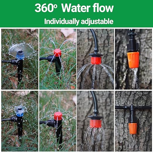 360 Degree Adjustable Drip Emitters, Mister Nozzles, Drippers, Sprayers, Barbed Connectors, Irrigation Components for 1/4" Tubing Garden Watering System, 110 PCS (Tubing Not Included)