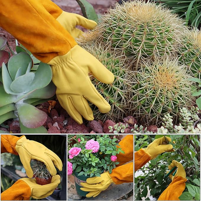 Long Gardening Gloves for Women & Men, Rose Pruning Gloves Thorn Proof, Adjustable Cuff, Breathable Leather Cowhide Garden Gloves, Garden Tools for Gardener,Yard Work, Cactus,Rose, Blackberry(Small)