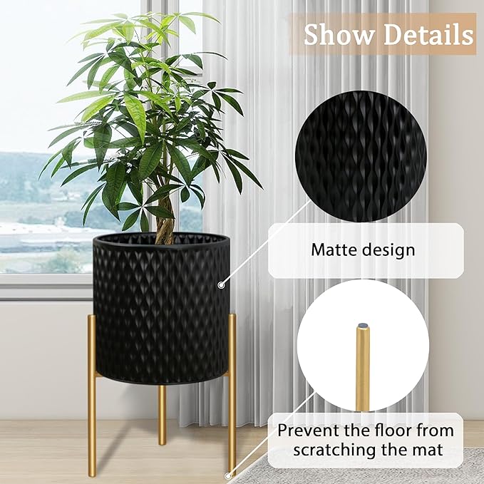 ARNIS Plants Pots with Stand, Large Size Flower Pots, Set of 2 Unique Mid Century Decorative Metal Flower Pots with Drainage,10.5&12.25 Inch, Black