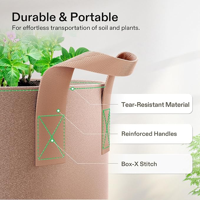 VIVOSUN 5-Pack 3 Gallons Grow Bags Heavy Duty Thickened Nonwoven Fabric Pots with Strap Handles Tan